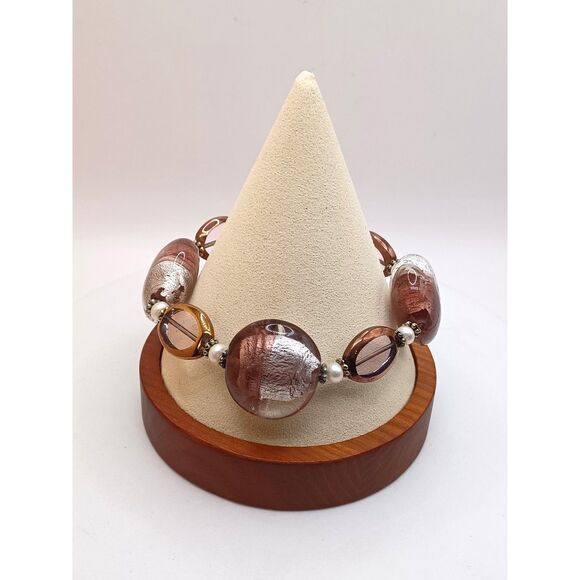 Vintage Stunning Bracelet of Purple, Silver Art Glass with Spacers of Faux Pearl - Picture 1 of 5